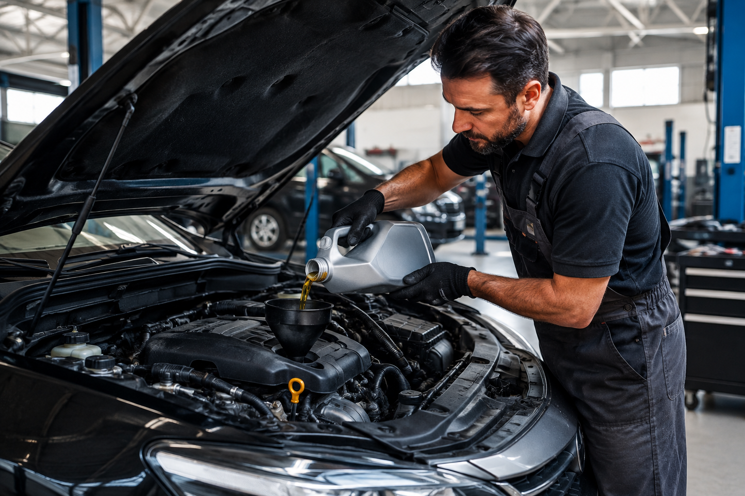 Mecânico realizando troca de óleo de motor na TecLub Engenheiro Coelho